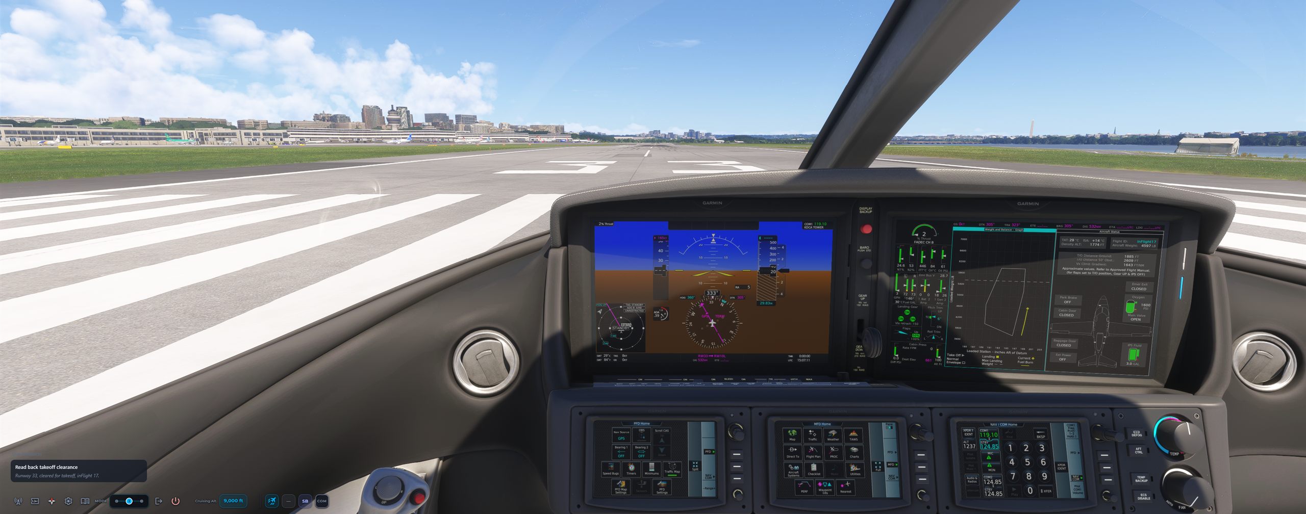 Cockpit im Microsoft Flight Simulator 2024 auf der Piste 33 in Washington National, auf dem Bildschirm die Readback-Karte von inFlight ATC