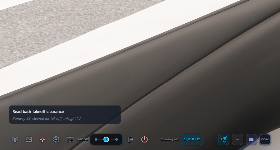 Durchscheinendes HUD von inFlight ATC über dem Cockpit des Microsoft Flight Simulator mit einer Readback-Karte für die Startfreigabe